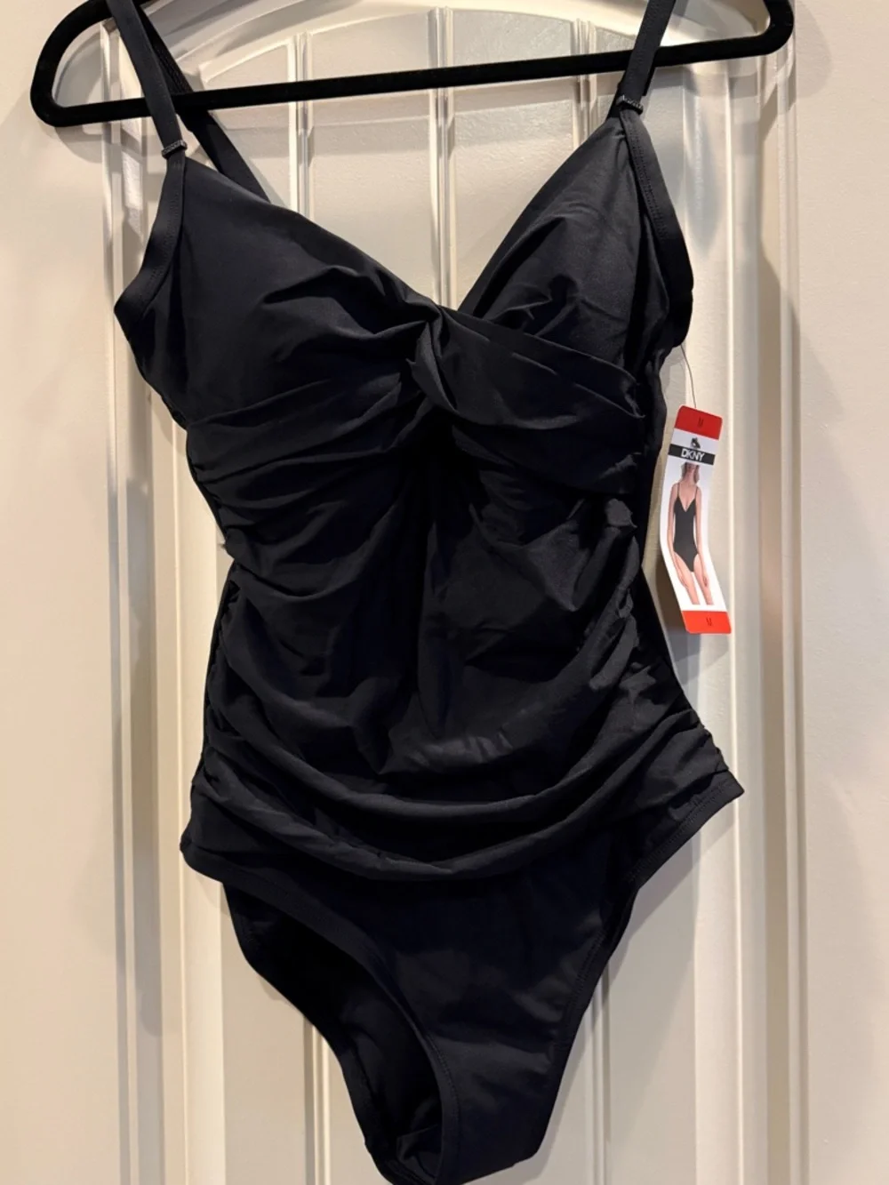 DKNY Black Surplice Spaghetti Strap Tummy Control One Piece Swimsuit Medium NWT - Picture 6 of 9